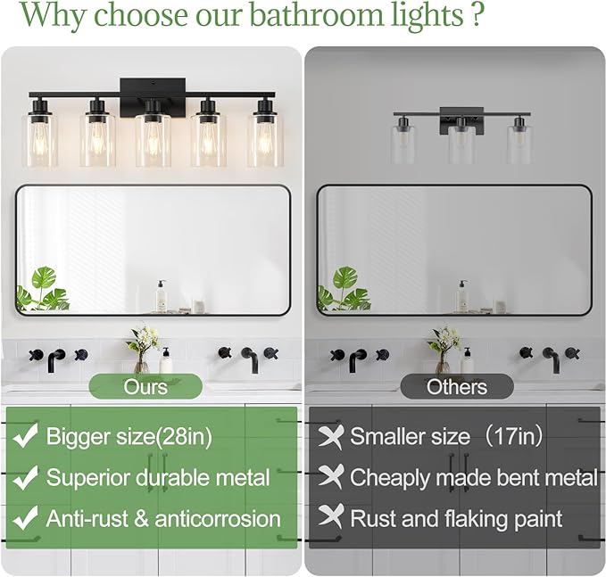 MOKATNG 5-Light Bathroom Light Fixtures, Vanity Light with Clear Glass Shades, Matte Black Bathroom Light Fixtures Over Mirror, Modern Bathroom Wall Lamp for Mirror Living Room Cabinet Bedroom