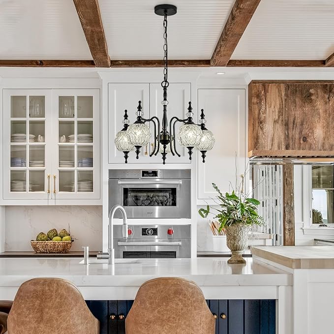 Chandeliers Modern 5-Light Chandelier Black Kitchen Island Pendant Light Fixtures Finish with Crystal Glass Shade for Kitchen Island Living Room