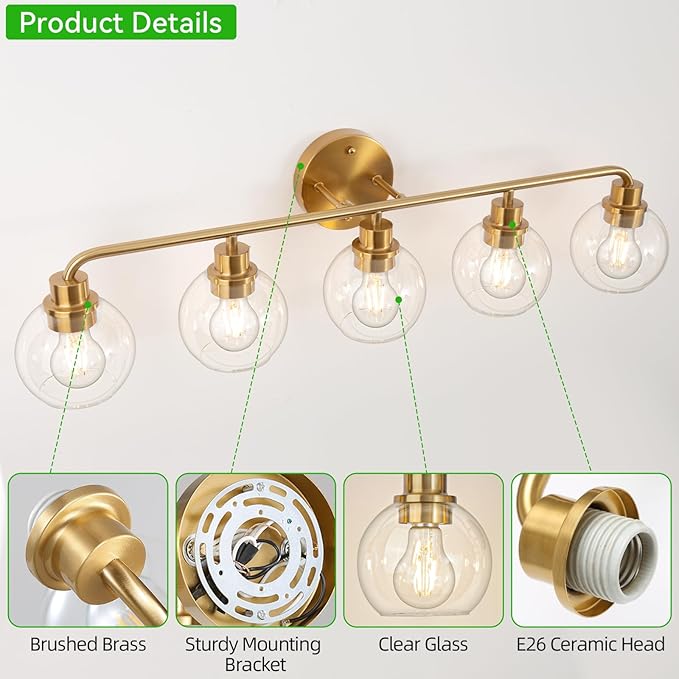 Bathroom Light Fixtures Gold Vanity Light 5 Light Wall Sconces Lighting Brushed Brass Lights with Clear Globe Glass Shades Bath Wall Lamp for Mirror Kitchen Living Room Bedroom Hallway