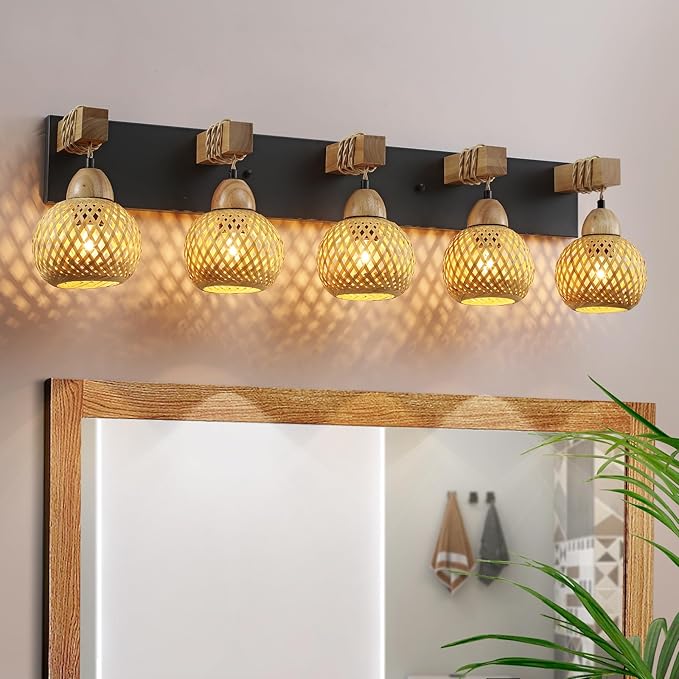 LmnLvn 5-Light Boho Vanity Light, Farmhouse Bathroom Light Fixture, Rattan Bathroom Light Fixture Over Mirror Rustic Vanity Lighting with Handmade Bamboo Shades, Suit for Restroom, Bedroom, Hallway