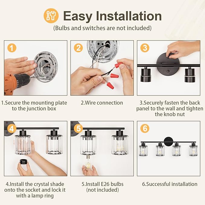 Crystal Bathroom Light Fixtures, Bathroom Lighting Fixtures Over Mirror, Modern 4-Light Gold Vanity Lights for Mirror, Restroom, Kitchen(Ceramic E26 Socket,Bulbs Not Include)