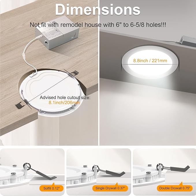 LZHOME 24 Packs 8 Inch Recessed LED Light: Ultra Thin LED Recessed Lighting with Junction Box, 3000K/4500K/6000K Selectable,Ceiling Light, High Brightness 1800LM Dimmable Canless LED Downlight