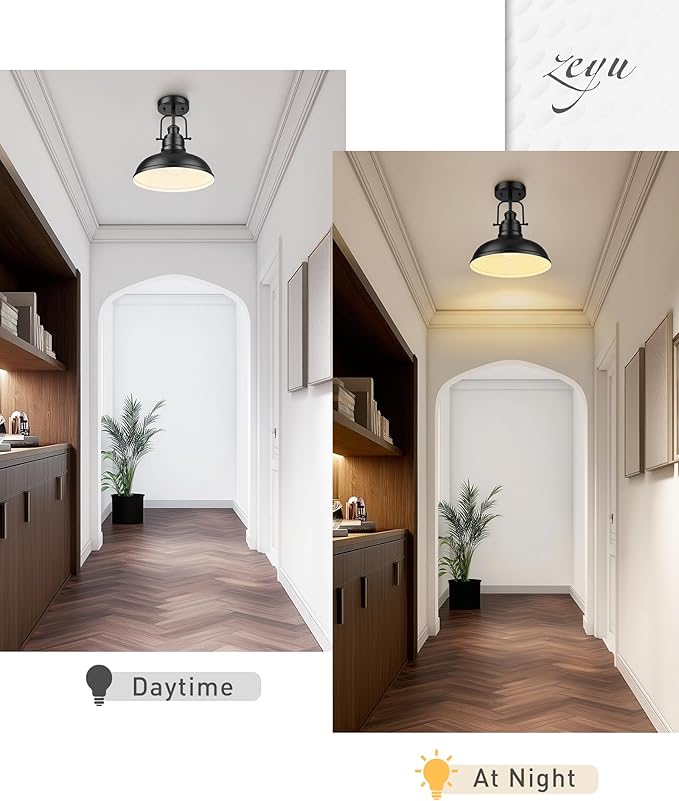 zeyu 11 Inch Semi Flush Mount Ceiling Light, 1-Light Industrial Ceiling Light Fixture for Hallway, Indoor, Matte Black Finish, ZY41-F BK