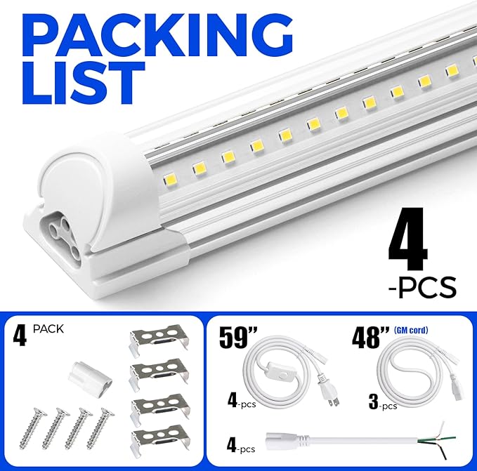 Barrina 8FT LED Shop Lights, 72W 10000LM 5000K, Daylight White, V Shape, Clear Cover, Hight Output, Linkable, T8 LED Tube Lights for Garage 8 Foot with Plug, 4 Packs