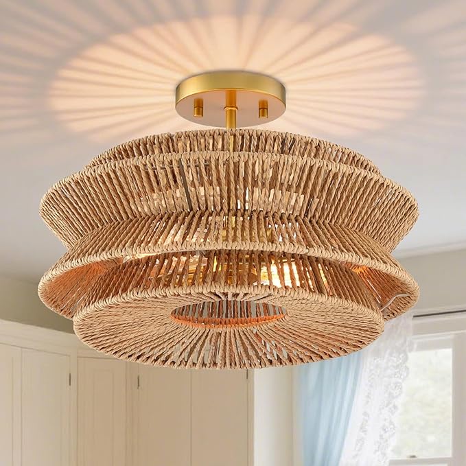 Boho 16''Coastal Rattan Semi Flush Mount Ceiling Light Farmhouse Rattan Ceiling Light Gold Nursery Ceiling Lights for Bedroom Kitchen Entryway Hallway(E26 Base)