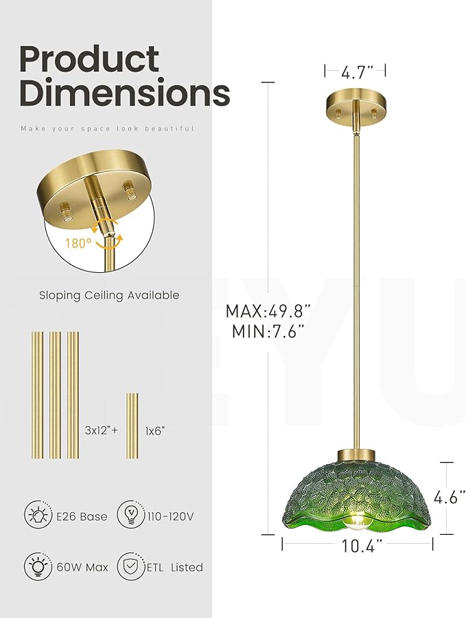 zeyu 10.4 Inch Green Glass Pendant Lightings, Brushed Gold 1 Light Island Light Fixtures, Hanging Lamps 2 Pack with Green Hammered Glass, ZJX116M1L-2PK BG G