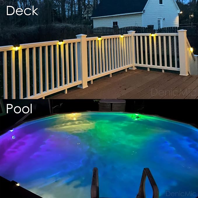 DenicMic Solar Deck Lights Outdoor Waterproof 6 Pack Fence Step Patio Decor | Warm White/Color Changing LED Outside Stair Railing Wall Pool Side Yard Garden 10 Lumen Acrylic Bubble Square Lampshade ABS