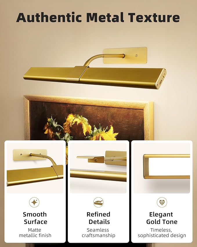 EZVALO Picture Light for Wall, 4800mAh Rechargeable Wireless Remote, Dimmable Magnetic LED Art Display Light with 3 Color Temperatures, for Gallery, Living Room, Bedroom, Hallway (Gold-2Pack)