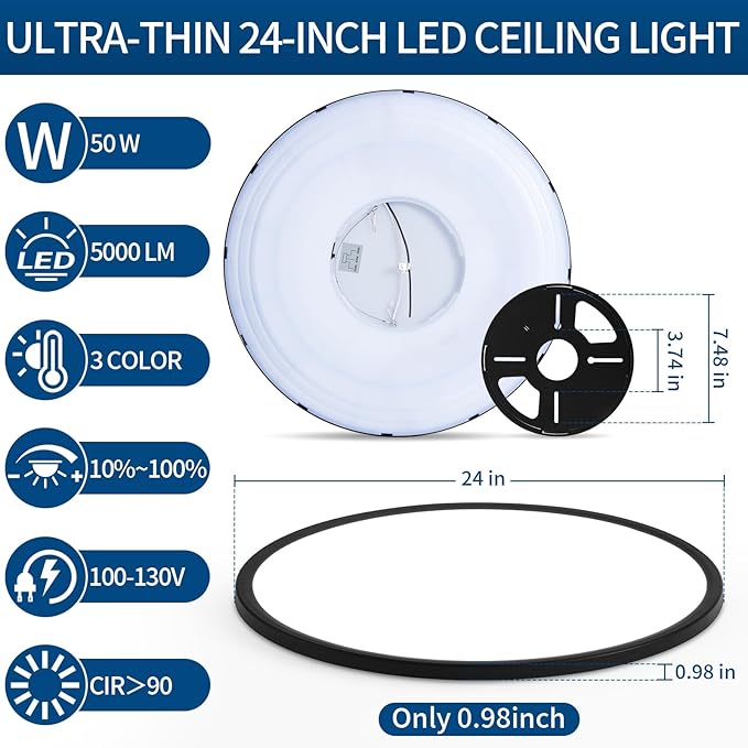 24 inch Modern Led Big Ceiling Light, Ultra Thin Flush Mount, 50W 5000LM, Dimmable, 3000K/4000K/6500K Selectable, Black, Perfect for Bedroom, Kitchen, Dining Room, Living Room, Home Office, Hallway