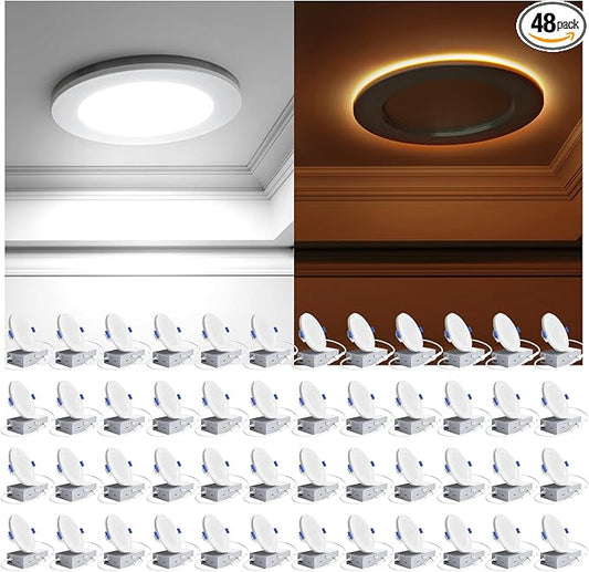 Ensenior 48 Pack 4 Inch LED Recessed Ceiling Light with Night Light, Dimmable, 2700K-5000K 5CCT, 1050LM 12W 120V, High Brightness Canless Wafer Downlight - ETL&FCC&IC