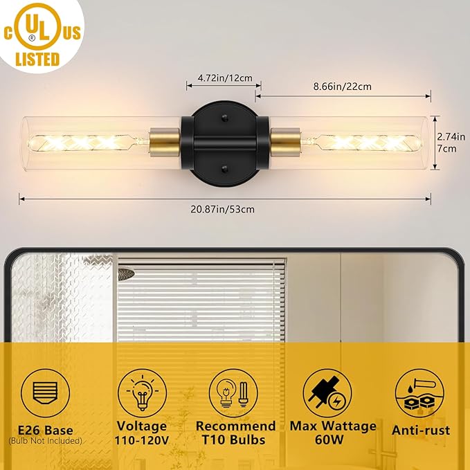 Baocuz Bathroom Light Fixtures, 2-Light Black and Gold Bathroom Vanity Lighting Over Mirror, Modern Wall Sconces Set of 2 with Clear Glass, Indoor Hardwired Wall Lamp for Bedroom, Living Room, Hallway