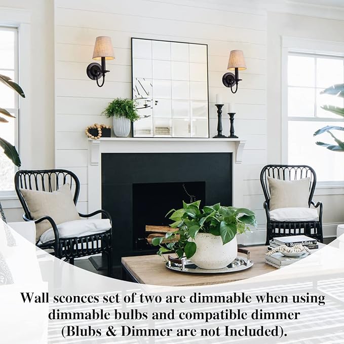 LASENCHOO Black Wall Sconces Set of Two, Modern Candle Sconces Wall Lighting Industrial Wall Light Fixtures with Fabric Lampshade, Bedside Wall Lamps for Bedroom Living Room Hallway Entryway Porch