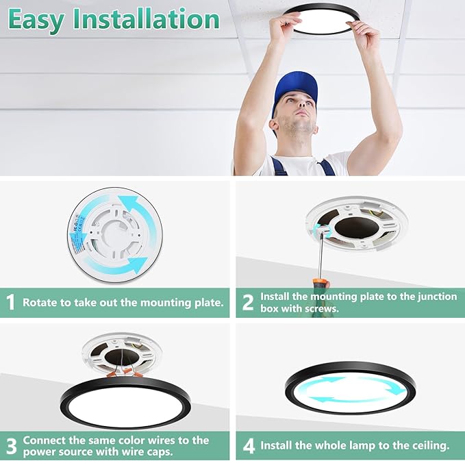 Brightever Black LED Flush Mount Ceiling Light Fixture, 7 Inch 15W, Ultra Thin 0.67 Inch Small Ceiling Light, 5000K Daylight White 1500LM Ceiling Lamps for Bathroom, Pantry, Non-Dimmable, 1 Pack