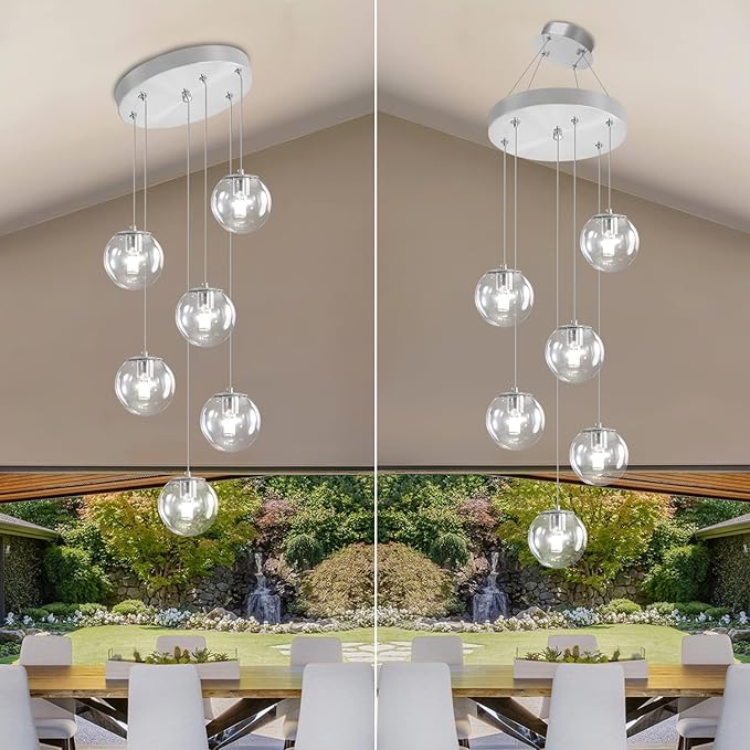 ykolupty Silver LED Staircase Chandelier 6-Light Clear Glass Ball Chandelier Dimmable Pendant Lights Large Chandeliers for High Ceilings, Entryway Modern Chandelier for Villas and Stairwell