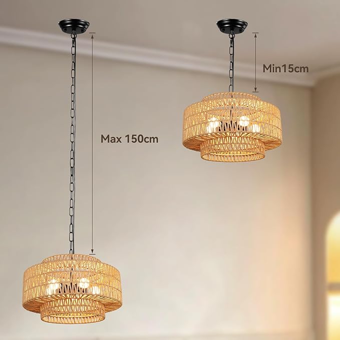 24" Large Rattan Chandelier, 6-Light Boho Dining Room Light Fixture Over Table, Natural Handwoven Wicker Pendant Lamp for Living Room, Coastal Farmhouse Hanging Ceiling Light