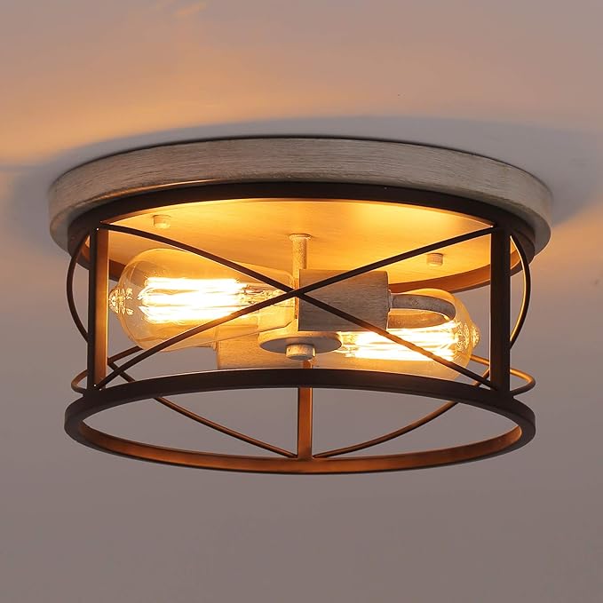 Q&S Flush Mount Ceiling Light Fixture Farmhouse Rustic Oak White and ORB Lighting for Hallway Entryway Kitchen Dining Room Bedroom Garage Gazebo Locker 2 Lights UL Listed