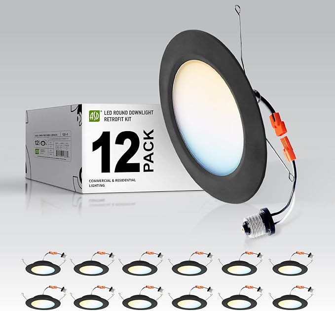 ASD 12 Pack Black Retrofit LED Recessed Lighting 6 Inch - 12W 2700K-5000K 971LM Flat Can Lights for Ceiling 6 Inch, Dimmable Black Recessed Lights, Wet Rated Wafer Lights, ETL