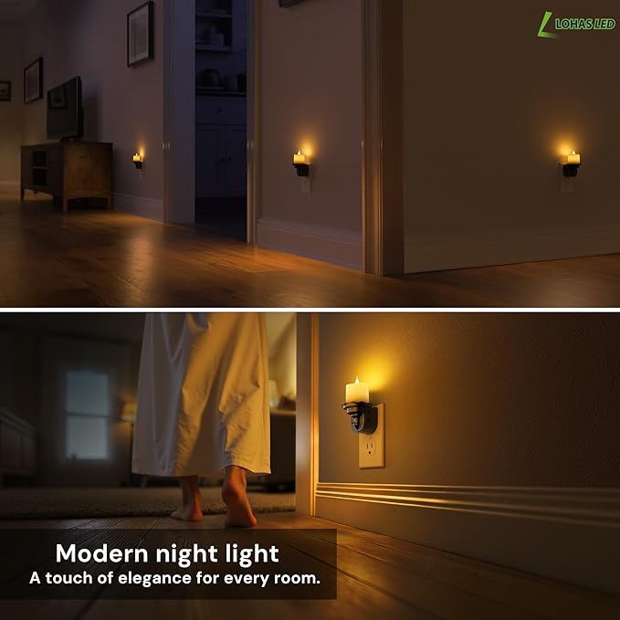 L LOHAS LED Flameless Candle Night Light, Flicker Night Lights Plug into Wall 2 Pack, Amber Candle Nightlight with Light Sensor, 0-100LM Dimmable LED Flickering Nightlights for Kids Hallway Bathroom