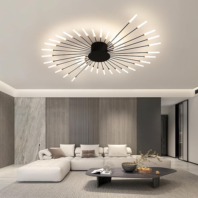 JAYMP 50.4“ Ceiling Light Modern Flower Shape Ceiling Lamp for Living Room Dining Room Flush Mount Metal Acrylic Sputnik Firework Petal LED Lighting Fixture (Matte Black, 42 Lights)