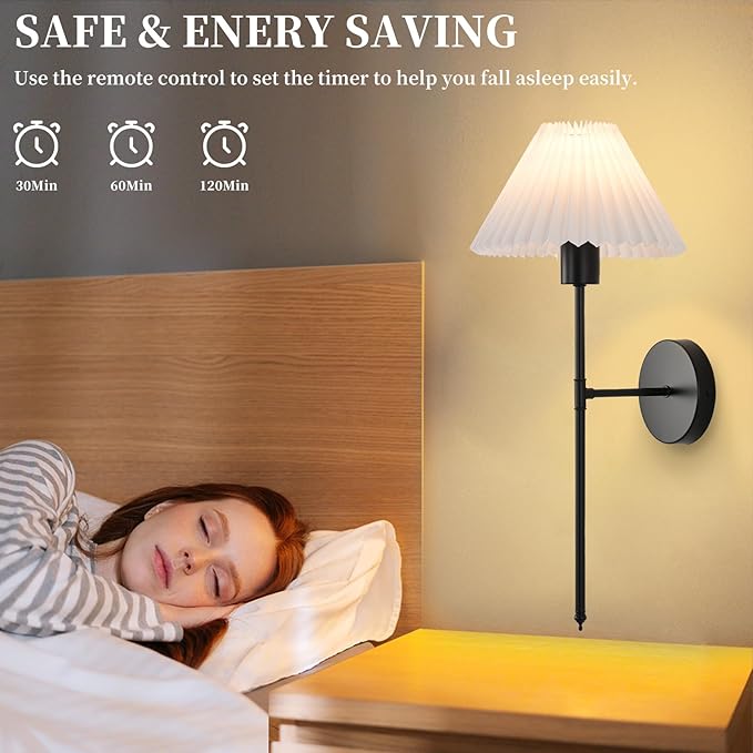 Battery Operated Wall Sconces Set of 2, Black Rechargeable Wall Lights with Pleated Shades, Dimmable Wall Lamp with Remote, Easy to Install, 15 Colors Wireless Lighting for Living Room Bedroom