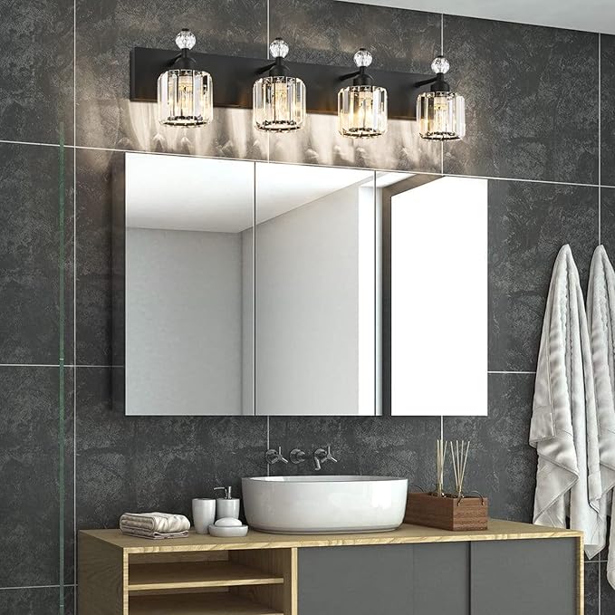 PRESDE Crystal 4- Light Vanity Light for Bathroom，Modern Matte Black Bathroom Lights Fixtures Over Mirror Wall Sconce