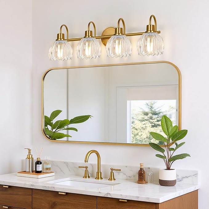 4-Light Bathroom Light Fixtures, 27" Brushed Gold Vanity Lights for Bathroom with Ribbed Clear Tulip Glass Shade, Vintage Bathroom Vanity Lighting Fixtures Over Mirror for Bedroom Living Room Hallway