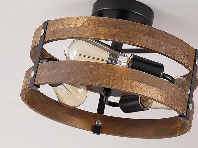 3-Light Rustic Farmhouse Wood Flush Mount Ceiling Light Fixture 12.59 inch Oak Wood and Metal Round Cage Semi Flush Mount Ceiling Light for Hallway Entry Bedroom Kitchen Hall Farmhouse, Black