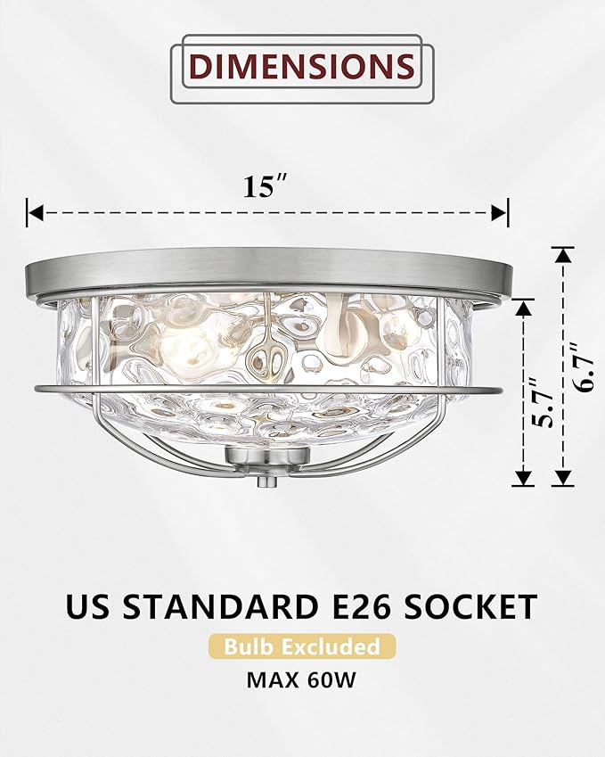 15 Inch Ceiling Light Fixtures, HWH 3-Light Modern Flush Mount Light with Brushed Nickel Finish, Water Ripple Hammered Glass Ceiling Lights for Kitchen Hallway Foyer, 5HTJ102WG-F BN