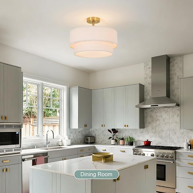 16.5'' Semi Flush Mount Ceiling Light, 3-Light Gold Ceiling Light Fixture with 2-Layer White Plush Shade, Farmhouse Drum Close to Ceiling Light for Living Room, Hallway, Bedroom, Kitchen, Dining Room