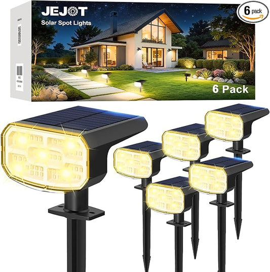 JEJOT Solar Lights Outdoor Waterproof IP65, Super Bright LED, 3000K 2 Lighting Modes, Solar Powered Yard Garden Solar Spot Lights for Outside Landscape Auto On/Off -6 Pack