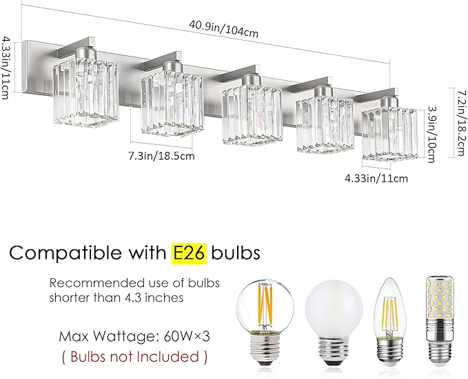 Aipsun Brushed Nickel Bathroom Lighting Fixtures 5 Light Vanity Light Crystal Modern Bathroom Vanity Light (Exclude Bulb)