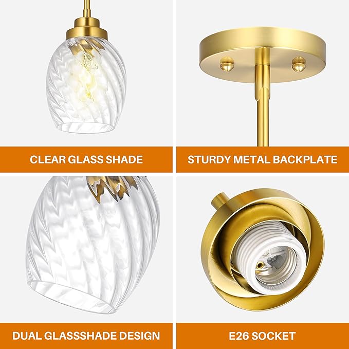 Glass Pendant Lights Kitchen Island,Twisted Clear Glass Treatment Pendant Light,Modern Hanging Light for Kitchen Sink Dining Room Bedroom, E26 (Brushed Gold, 1pack)