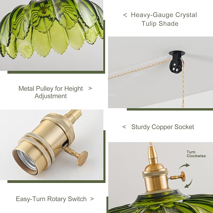 2 Pack Plug in Pendant Light Fixtures, Hanging Light Fixture Glass Pendant Light, Vintage Green Hanging Lamp, Pendant Lighting for Kitchen Island, Bedroom, Dining Room, Living Room
