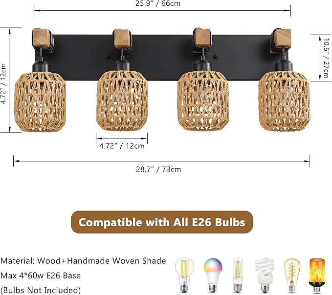 LmnLvn Farmhouse Bathroom Light Fixture, 4-Light Boho Vanity Light, Rattan Bathroom Light Fixture Over Mirror Rustic Vanity Lighting with Handwoven Shades, Suit for Restroom, Bedroom, Hallway