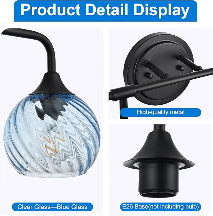 MELUCEE Bathroom Light Fixtures Black Vanity Light with Blue Striped Swirl Glass Shade, 4 Light Modern Wall Light Fixtures for Mirror Kitchen Living Room Bedroom Hallway