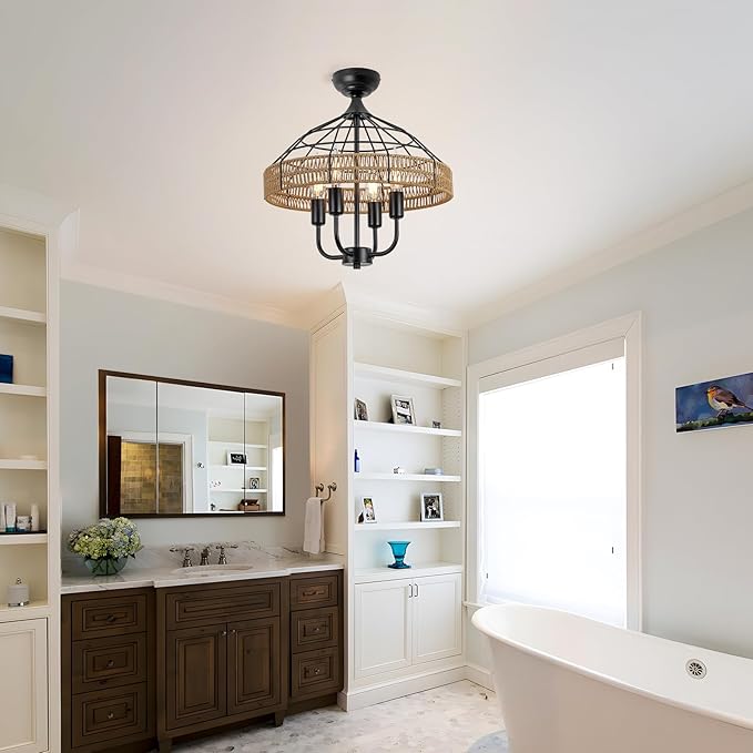 SEEBLEN Semi Flush Mount Ceiling Light,Rattan Ceiling Light Fixtures 4 Light Hand-Woven Boho Light Fixtures Ceiling Mount for Bedroom Hallway Kitchen Entry.