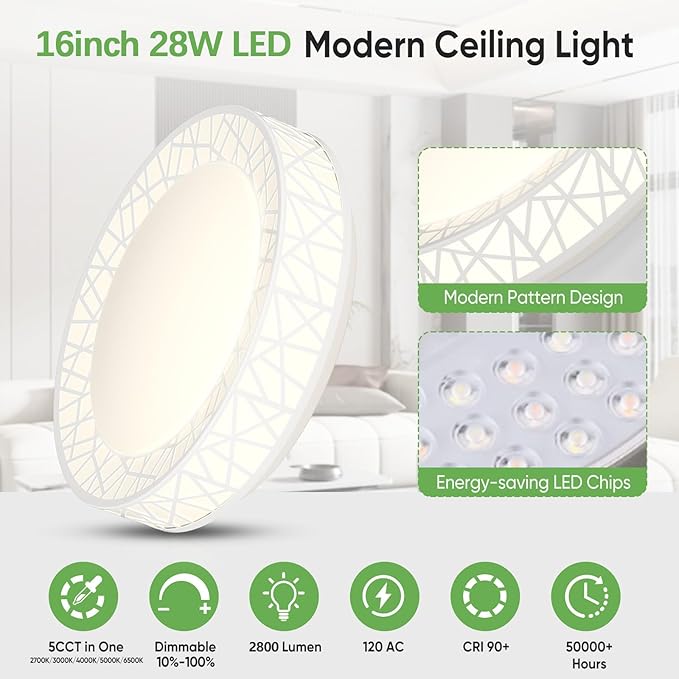 Lightania 16 Inch Flush Mount Ceiling Light, Modern White LED Ceiling Light Fixture, 28W 2800LM 2700-6500K Adjustable, Dimmable Ceiling Lights for Bedroom, Kitchen, Hallway, Bathroom, ETL