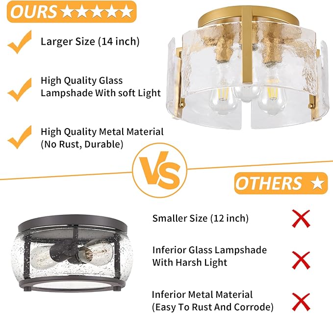 Gold Semi Flush Mount Ceiling Light Fixture, 14-Inch Farmhouse Modern Flush Mount Light Glass Drum Lights Foyer Lighting Fixtures for Kitchen Entryway Hallway Laundry Room Bedroom Bathroom