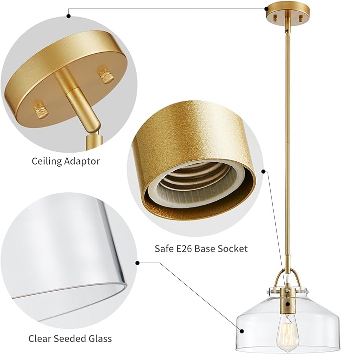 WUZUPS Chandelier Rustic Farmhouse Industrial Round Ceiling Pendant LED Light Fixture with Clear Glass Shades for Dining Room Kitchen Island Foyer Entryway, H 9.4" x W 10.6", E26 Base, Gold