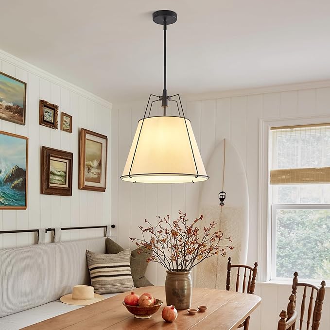 Modern Pendant Light Fixtures with 16" Off-White Linen Fabric Shade, Adjustable Hanging Light Fixture,3-Light Drum Black Vintage Chandelier for Kitchen Island Bedroom Dining Room Foyer