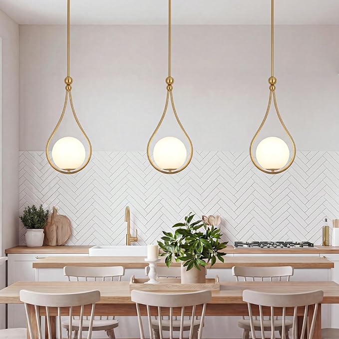 Gold Pendant Lights with Milky White Globe Glass Pendant Lights Kitchen Island Adjustable Mid Century Hanging Pendant Light Fixtures for Kitchen Dining Room Entryway, 1 Pack