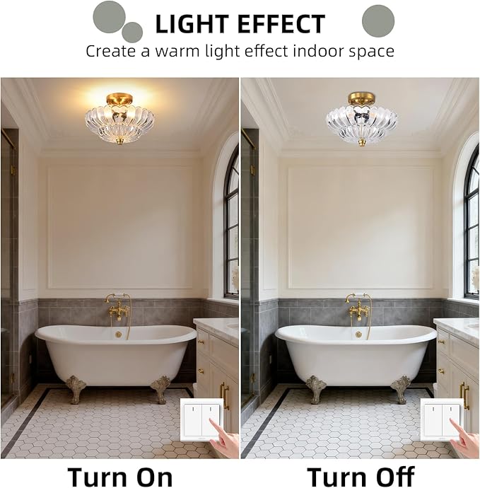 Semi Flush Mount Ceiling Light, 11.8 Inch Gold Vintage Hallway Light Fixture with Transparent Glass, Close to Ceiling Light for Bedroom Kitchen Living Room Bathroom Foyer, E26 Base