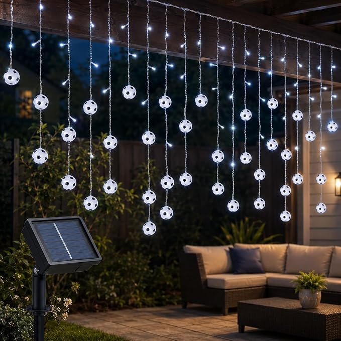 Solar Soccer String Lights, 11.5FT Soccer Ball Curtain Lights with 96 LEDs & 24 Hanging Strands, 8 Modes Timer Outdoor Soccer Party Decorations for Patio Game Day Fan Room