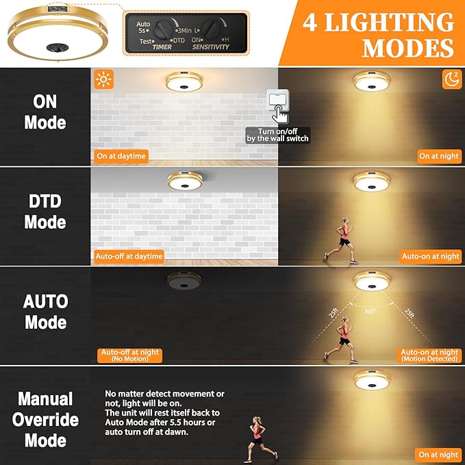 24W LED Motion Sensor Outdoor Ceiling Light, 12IN 2700K/3000K/3500K/4000K/5000K Adjustable Ceiling Lights, Dusk to Dawn Flush Mount LED Ceiling Light Fixture for Porch, Garage, Gold
