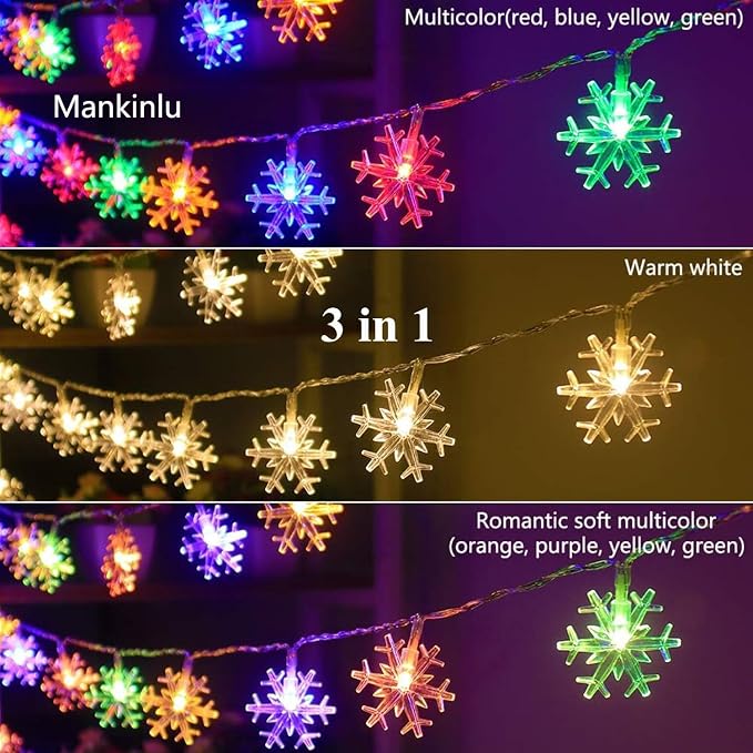 Christmas Decorations Snowflake Lights, 30ft 60 LEDs Snowflakes Christmas Lights Battery Operated String Lights with Remote for Xmas Tree Window Curtain Outdoor Indoor Winter Decor Multicolor