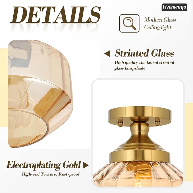 9in Semi Flush Mount Ceiling Light Fixture, Small Vintage Striated Glass Kitchen Lighting Fixtures Ceiling Mount for Entryway Hallway Bedroom Dining Room Bathroom Foyer Laundry (Amber)