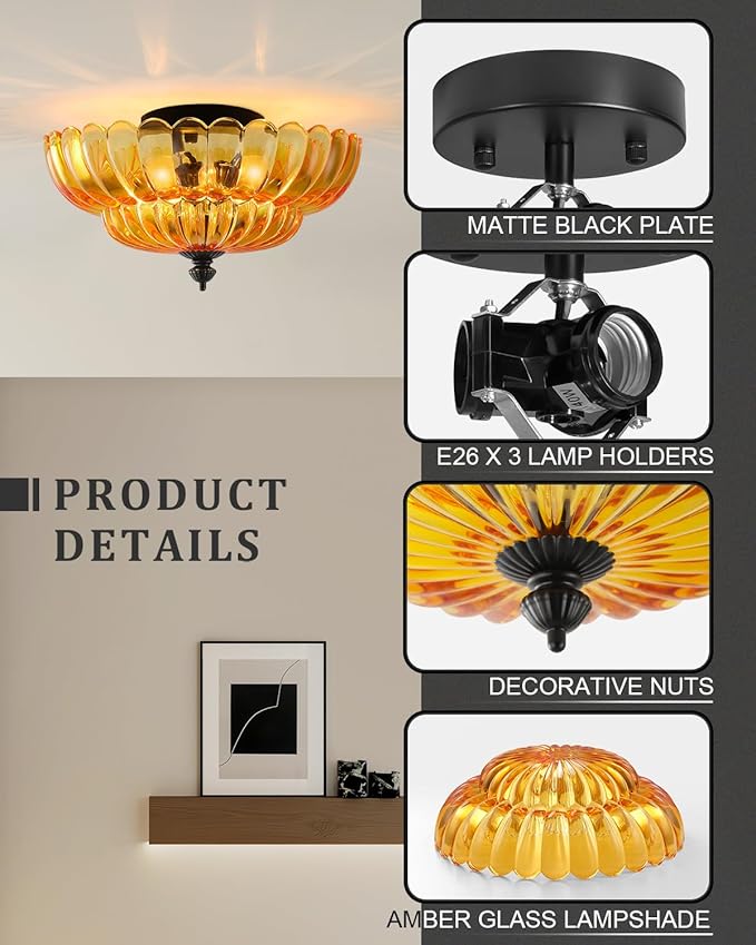 ANYLOVE Modern 12Inch Amber Flower Glass Semi Flush Mount Ceiling Light, 3 Light for Living Room Bedroom Hallway Entryway Foyer