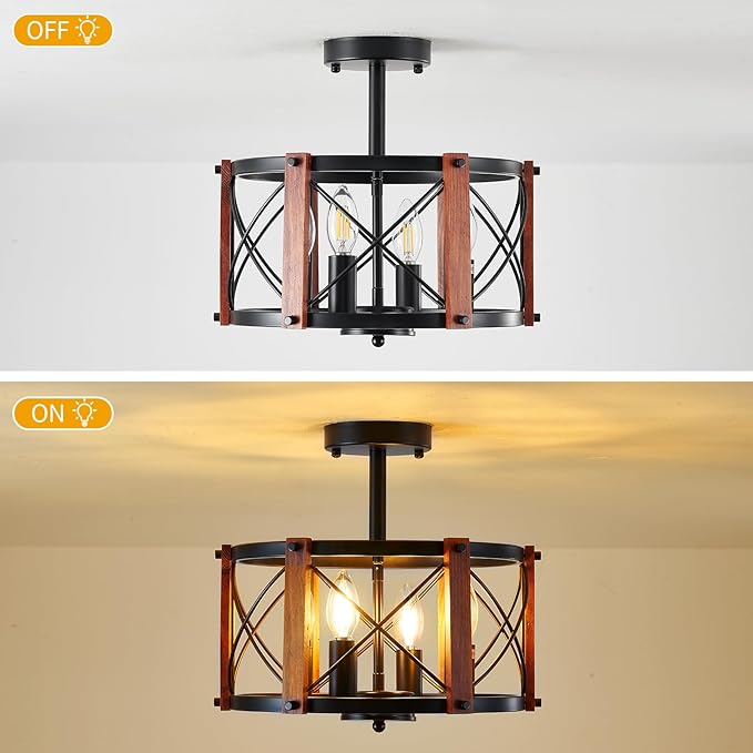 4-Light Farmhouse Wood Semi Flush Mount Ceiling Light, Black Hallway Light Fixtures, Rustic Industrial Close to Ceiling Light Fixtures for Kitchen Entryway Laundry Dining Room Ceiling Light Fixture