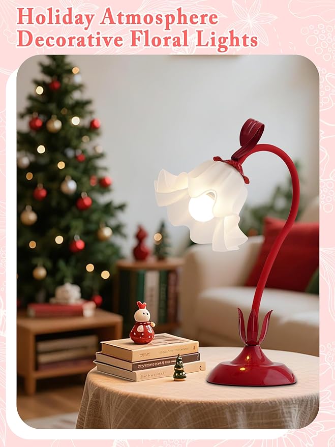 AQDZCNF Flower Table Lamp,LED Reading Light Bedside Vintage Flower Night Light,3 Colors Modes Kawaii Bedside Lamps Decor,Living Room Bedroom Room Lighting Table Lamps Home Decoration (Red)
