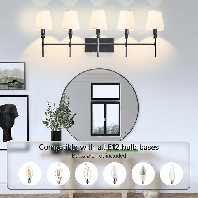 5-Light Vanity Lights for Bathroom,41 in Vintage Black Bathroom Vanity Light Fixtures,with Flared White Fabric Lampshade for Bedroom,Living Room,Foyer,Hardwired,E12 Base